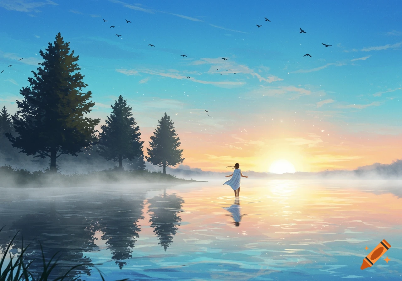 An anime-style landscape of a person standing in a misty lake during sunrise, surrounded by pine trees.