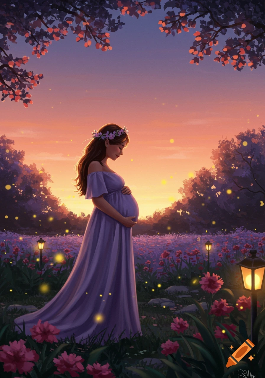 An illustrative image of a pregnant woman in a lavender dress and flower crown, standing in a field of flowers with fireflies at sunset.