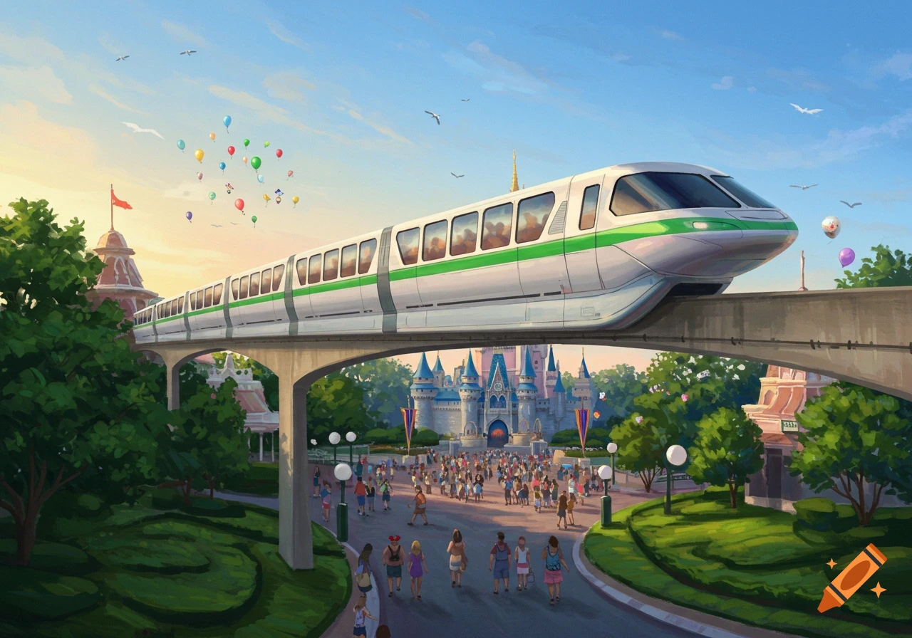 A white monorail with a green stripe passes over a busy theme park entrance with a large blue castle in the background under a bright sky with balloons.