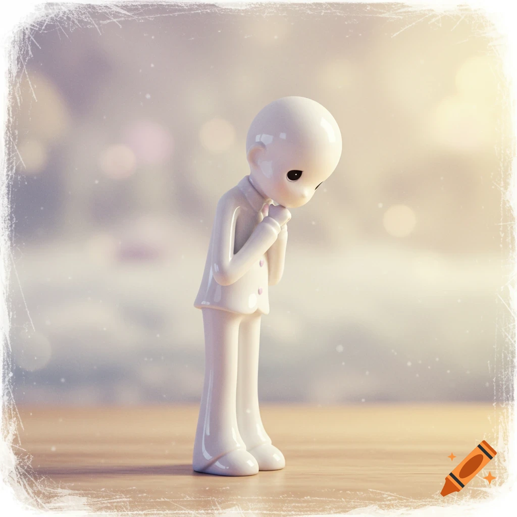 A white, stylized figurine of a person bowing on a wooden surface, with a soft, blurry background and a distressed border.