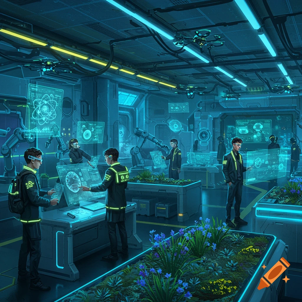 A group of young people in a futuristic, neon-lit science lab with holographic displays and indoor plant beds, in a science fiction style.
