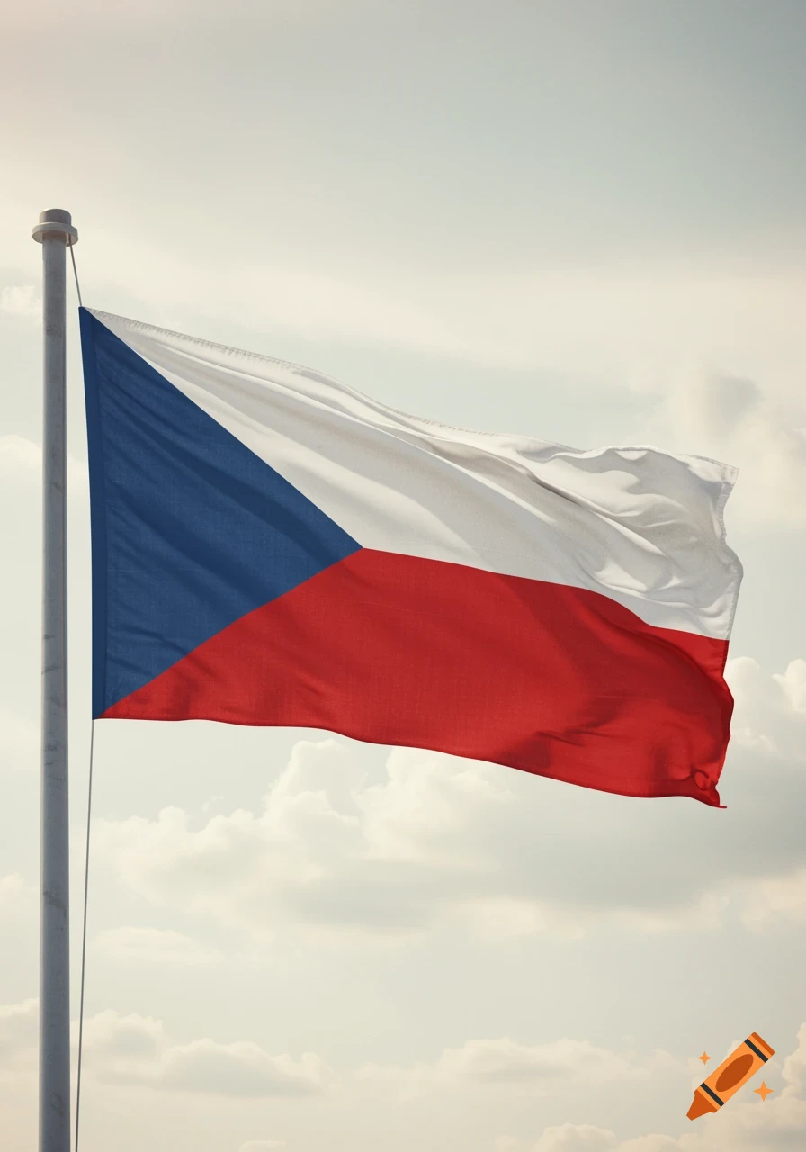The flag of the Czech Republic, featuring a blue triangle, white top stripe, and red bottom stripe, flies against a cloudy sky.
