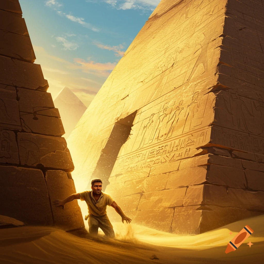 A man climbs out of a pyramid, kicking up sand in a golden desert landscape with other pyramids in the background.