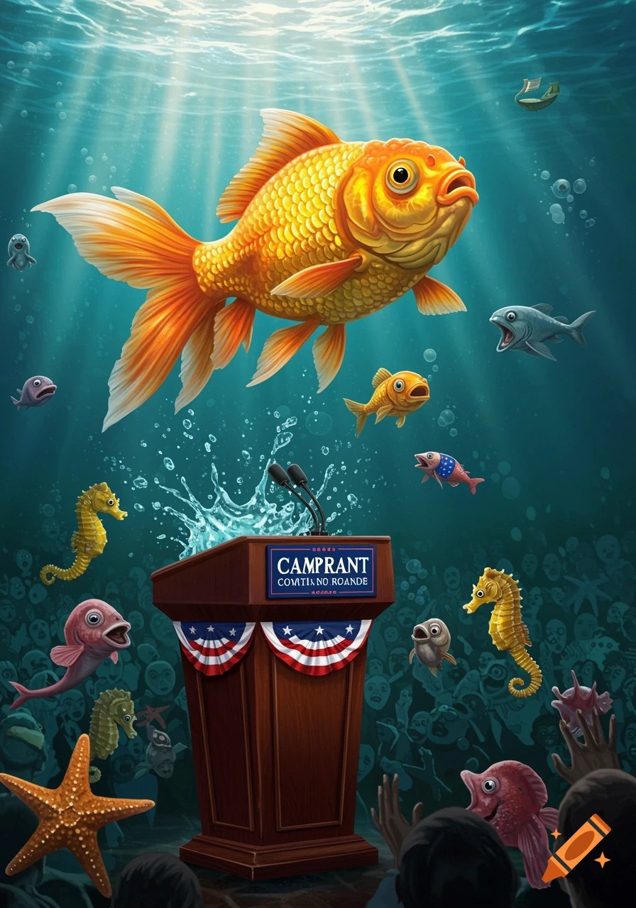 An underwater political rally with a giant goldfish at the top and various sea creatures surrounding a podium with an American flag design. Water splashes from the podium.