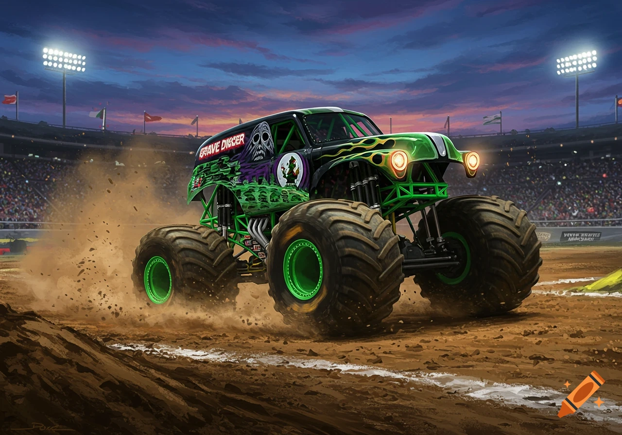 Green and black Grave Digger monster truck kicking up dirt in a stadium under a dramatic dusk sky with bright lights.