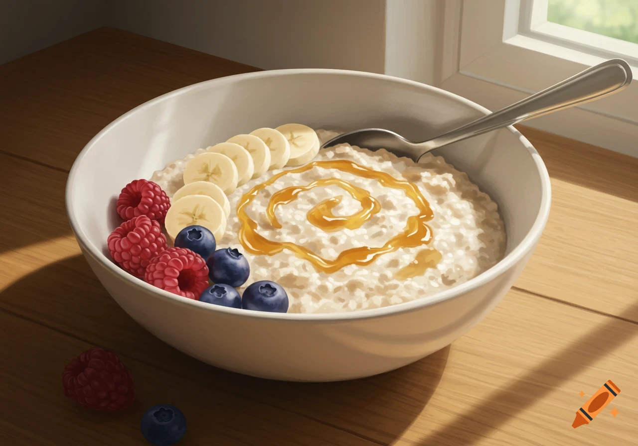 A white bowl of oatmeal with banana slices, raspberries, blueberries, and honey, a spoon, on a wooden table by a window. Digital painting.
