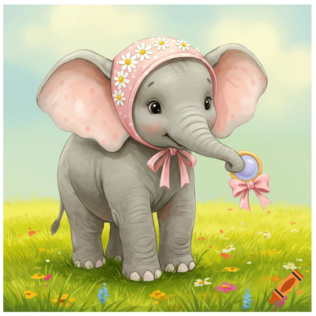 A cute baby elephant wearing a pink bonnet with flowers and holding a baby rattle, standing in a grassy field, in an illustration style.