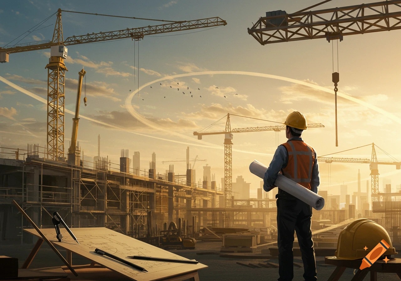 Engineer overlooks a vast construction site with multiple cranes against a sunset sky, with a blueprint and tools.