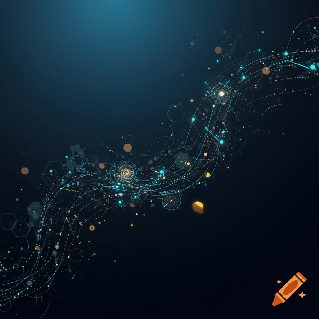 Abstract digital network with glowing interconnected nodes and geometric shapes on a dark blue background.