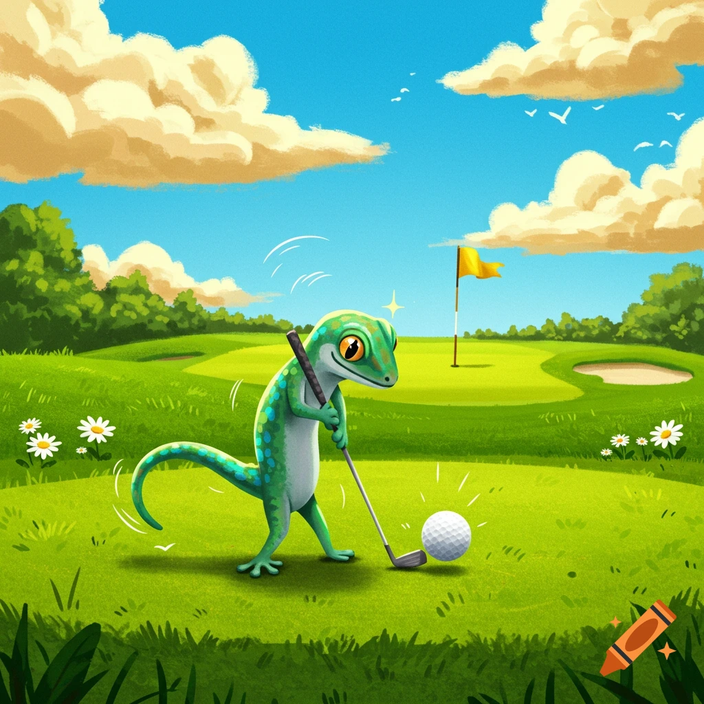 A cartoon gecko stands on a golf course, holding a golf club and about to hit a golf ball. A flag is in the background.