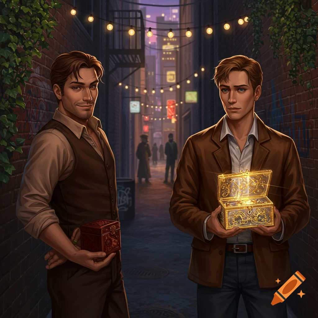 Digital art of two men in a dark alley; one holds a closed box behind his back, the other holds an open glowing box.
