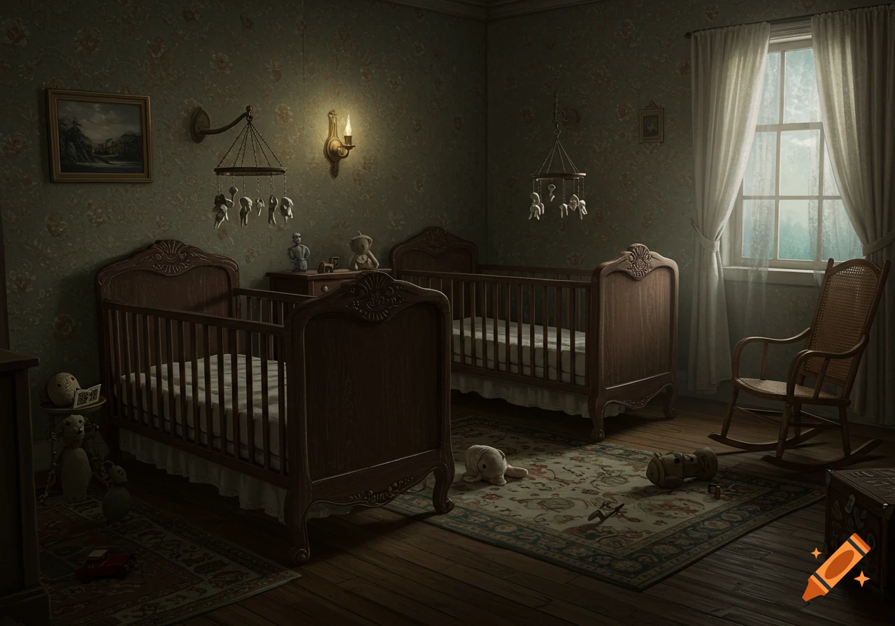 A dark Victorian nursery with two ornate wooden cribs, a rocking chair, a candlelit sconce, and a window, creating a somber, photorealistic atmosphere.