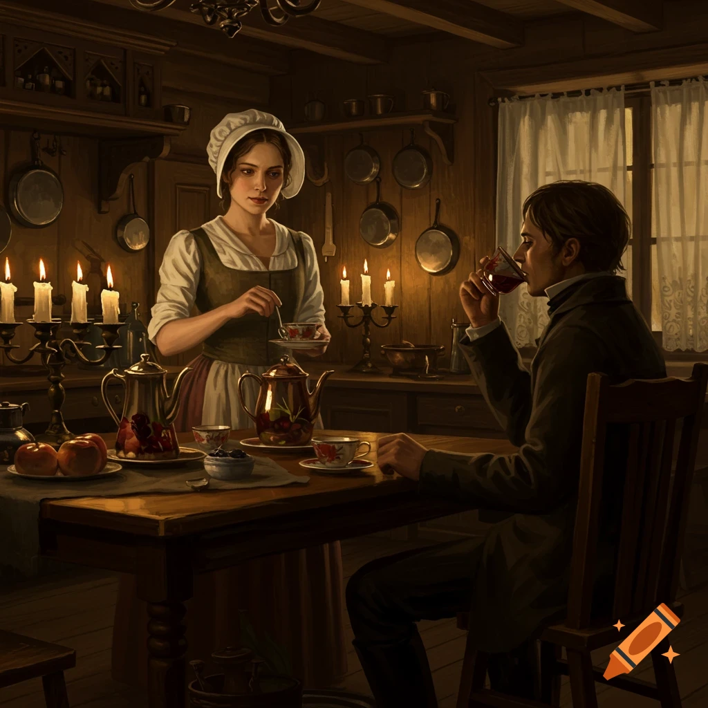 A woman in a bonnet stirs tea in a dark, candlelit 1846 kitchen as a man drinks from a glass, creating a tense gothic mood.