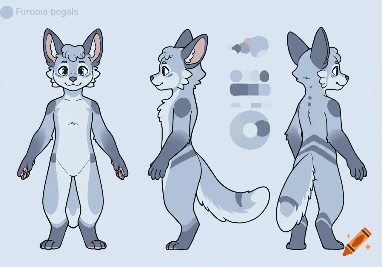A furry character reference sheet showing a light gray and blue creature from front, side, and back views, with color swatches.