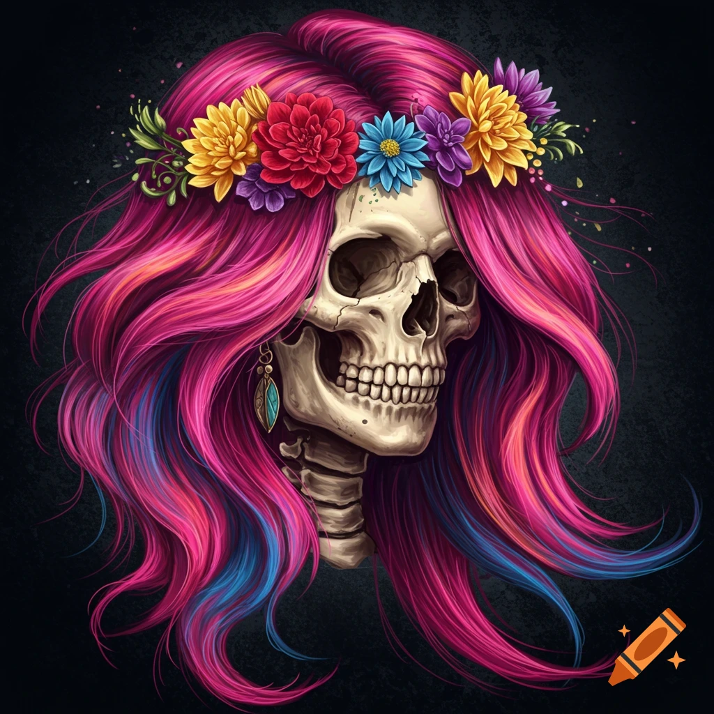 A stylized illustration of a skull with long, flowing vibrant pink and blue hair, adorned with a colorful flower crown and earring, set against a dark background.