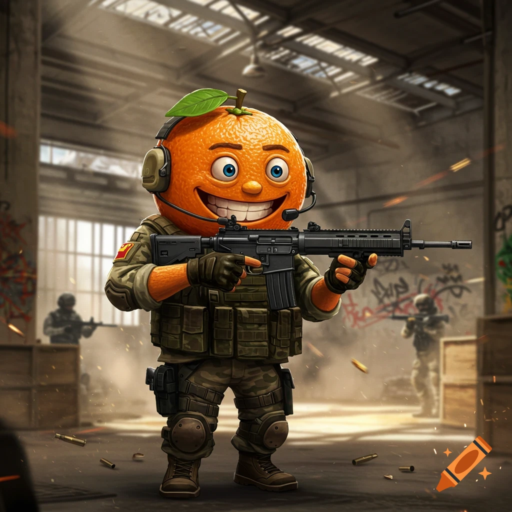 A smiling cartoon orange character wearing tactical gear, headphones, and holding an assault rifle in a gritty warehouse setting.