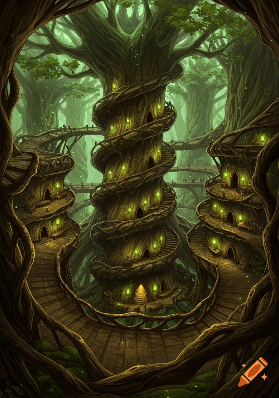 A fantastical, ancient tree with integrated elven homes, spiral stairs, and glowing windows, set within a lush forest.