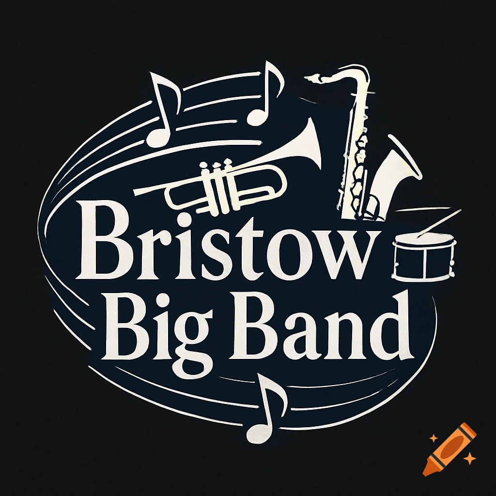 Bristow Big Band logo with white text on a navy blue oval, surrounded by musical notes, a saxophone, trumpet, and drum.