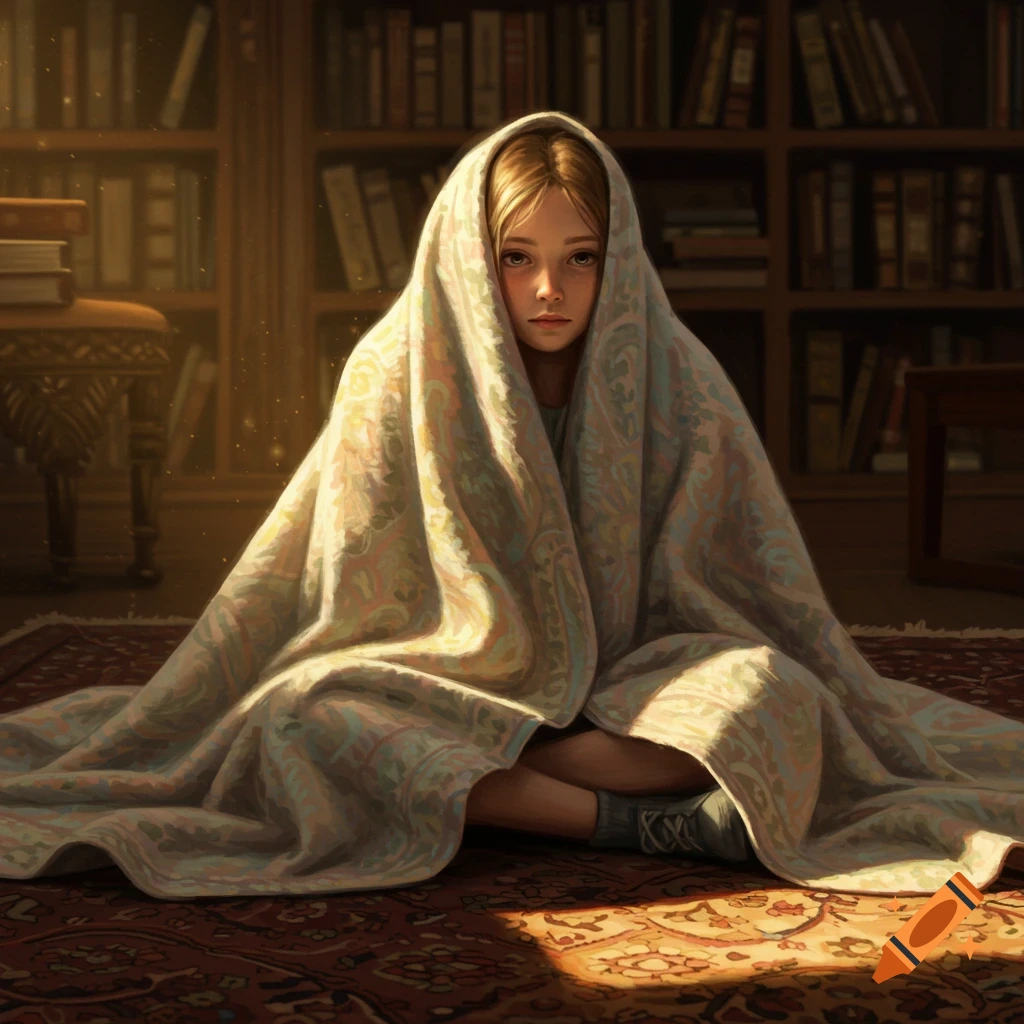 A young girl with blonde hair peeks out from under a patterned blanket, sitting cross-legged on a rug in a sunlit library.