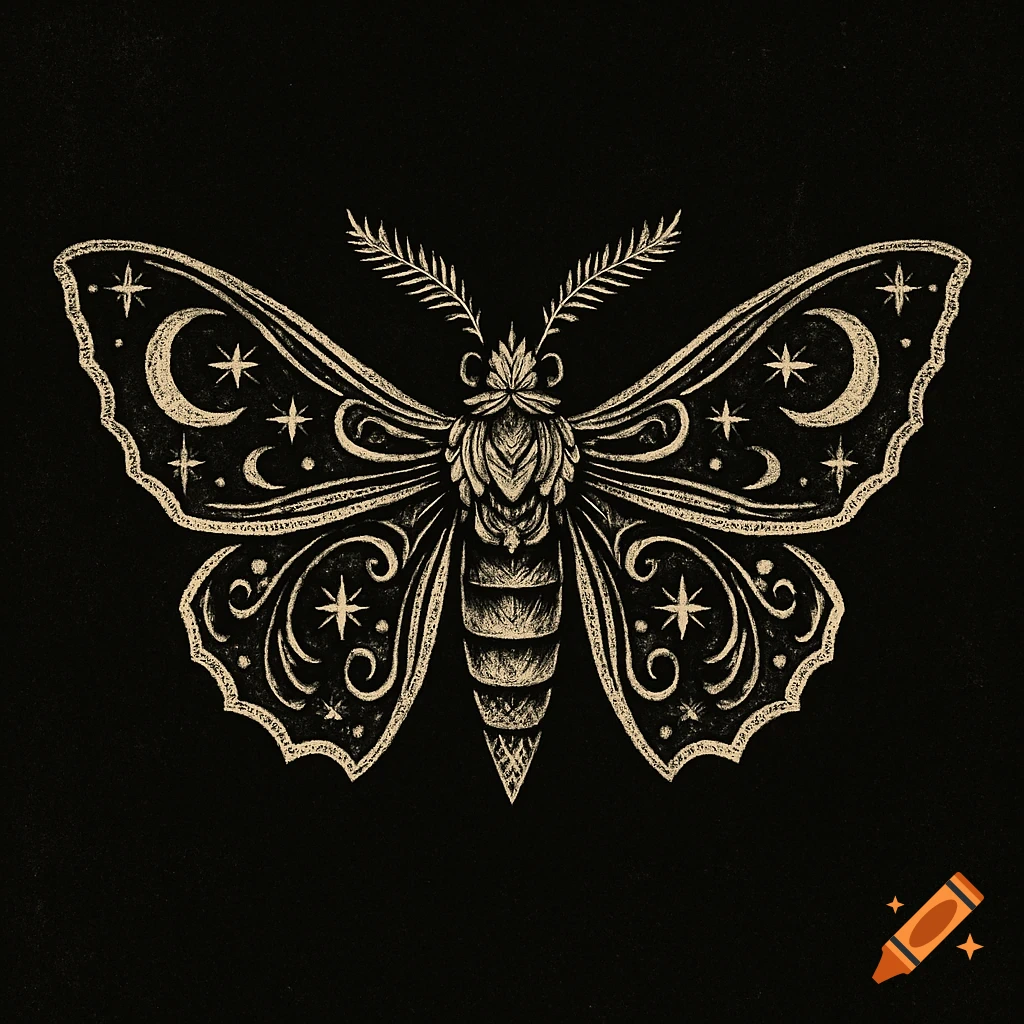 Intricate gothic moth illustration with celestial symbols in off-white on a black background.