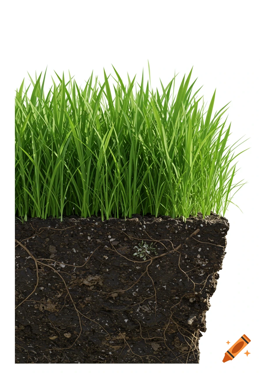 A detailed cross-section of vibrant green grass with roots extending into dark soil, set against a clean white background.