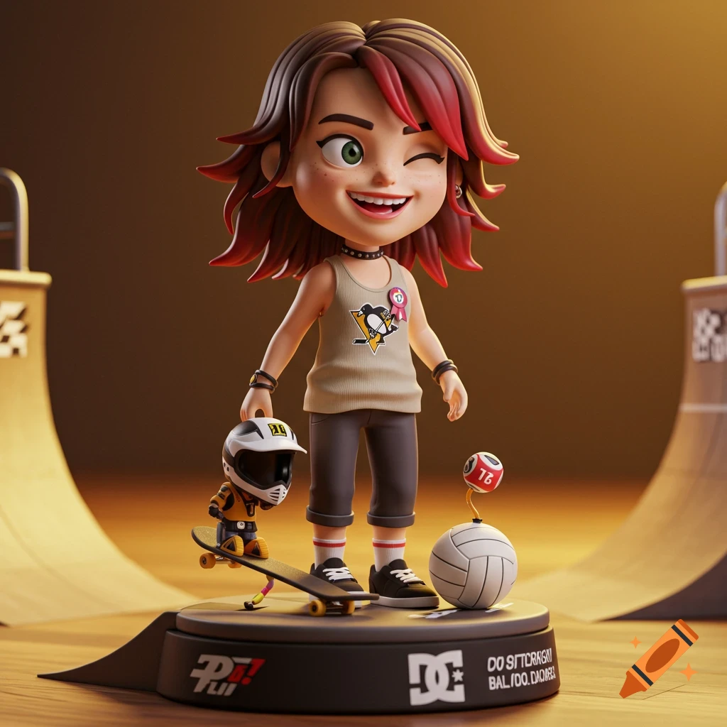 A 3D rendered action figure of a winking girl with brown and red hair, wearing a Penguins tank top, holding a dirt bike helmet, standing on a base with a skateboard, volleyball, and a red ball.