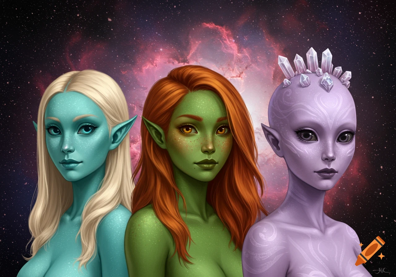 Illustrated portrait of three alien women: one blonde with teal skin, one ginger with green skin, and one bald with purple skin and a crystal crown, against a cosmic background.