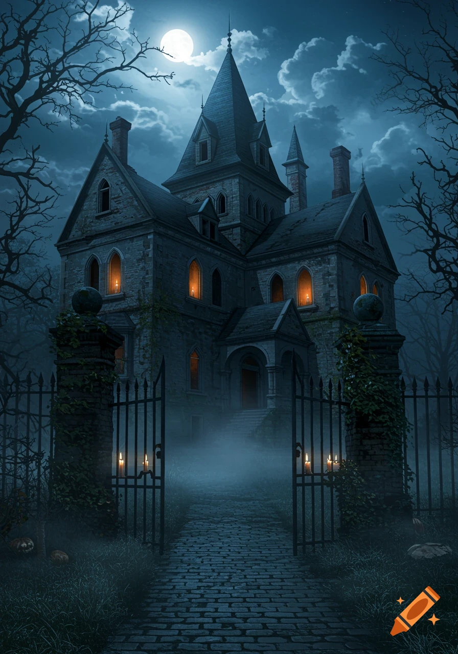 An eerie gothic mansion with glowing windows, an open gate with candles, and bare trees under a full moonlit sky.