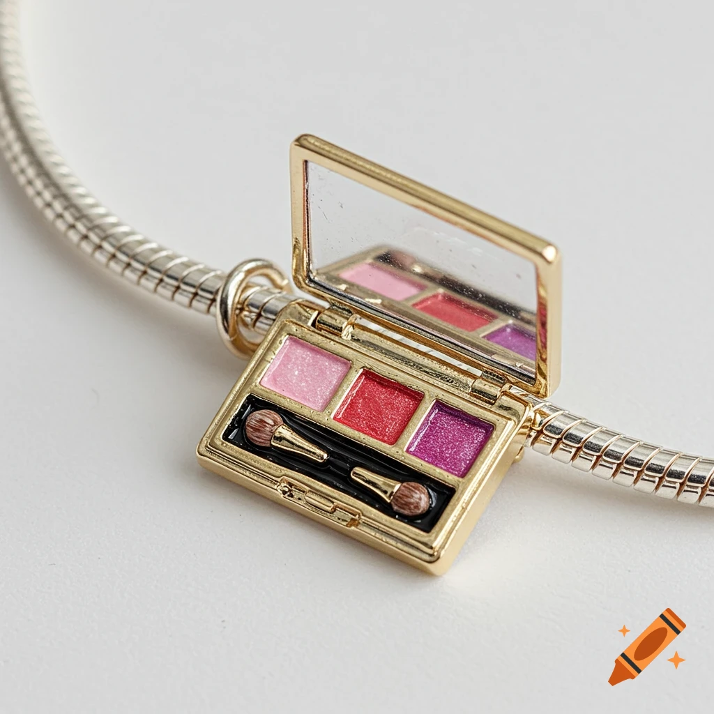 A golden bracelet charm shaped like an open makeup palette with pink, red, and purple eyeshadows, tiny brushes, and a mirror.