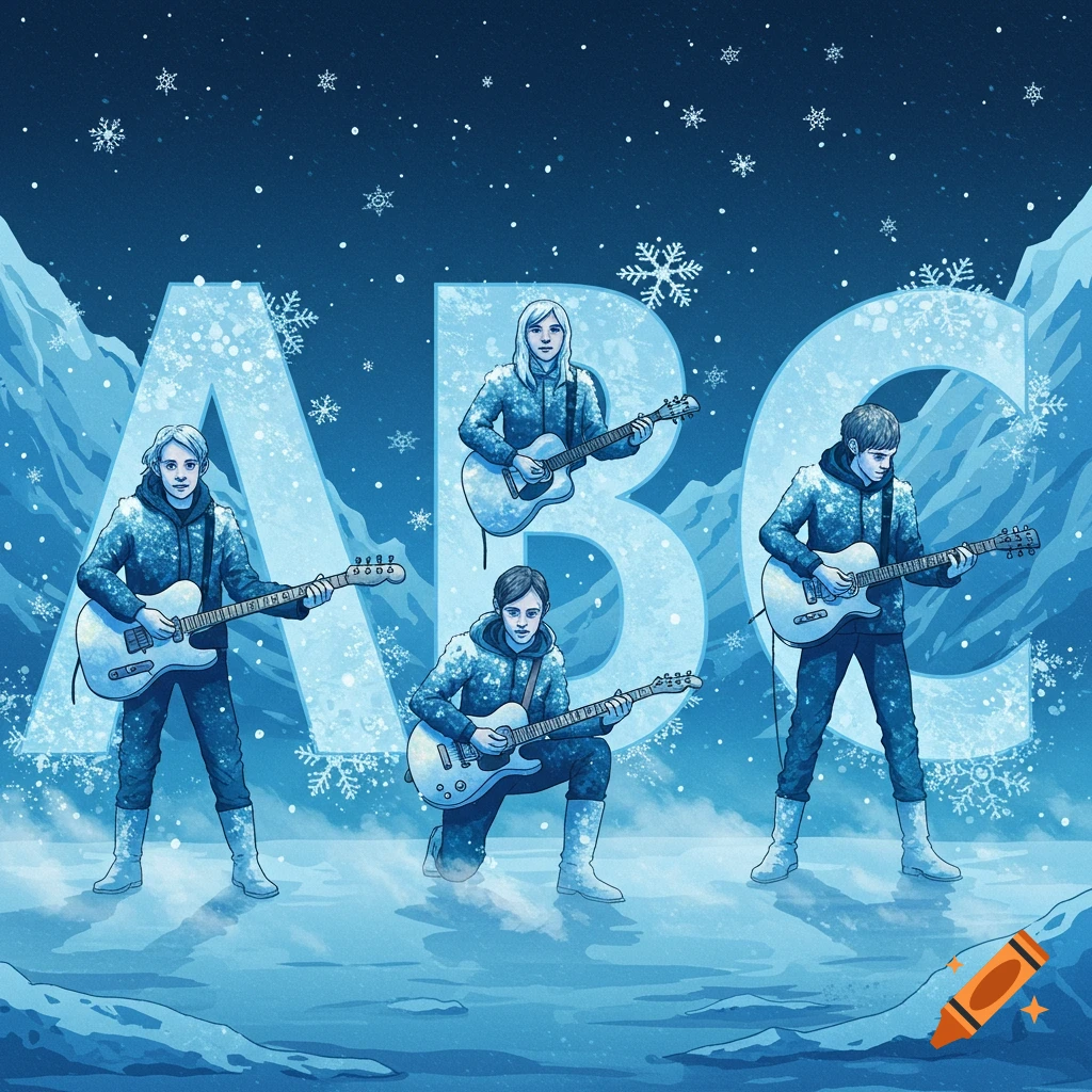 Four musicians play guitars in a snowy mountain landscape, standing next to large icy letters ABC, in a blue-toned illustration.