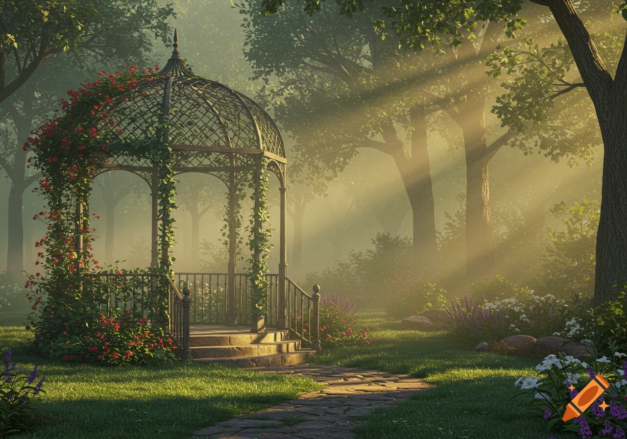 A photorealistic iron gazebo covered in red roses and vines in a lush garden with a stone path and sunbeams.