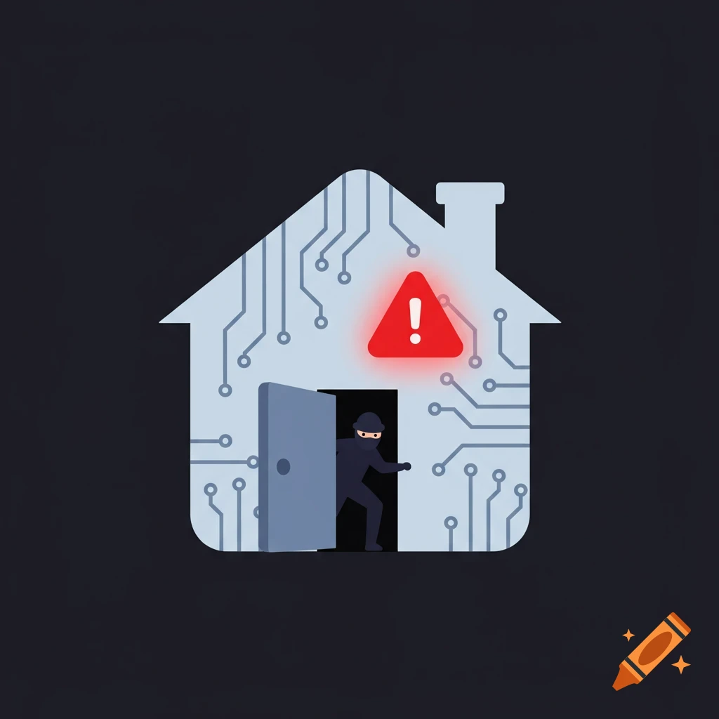 Minimalist app icon of a cartoon house with circuit patterns and a thief sneaking in through a door, with a glowing red warning sign.