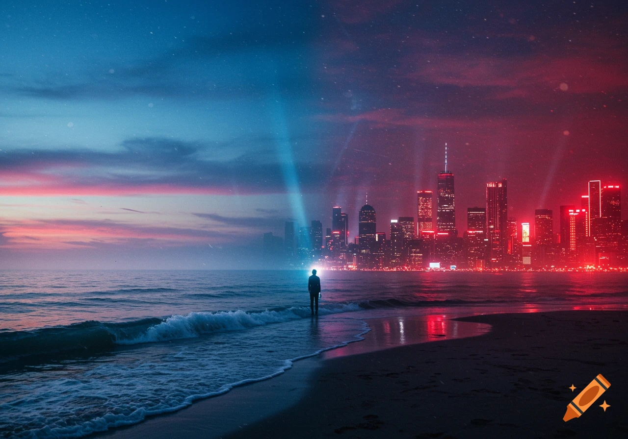 A silhouetted person stands on a beach facing a futuristic city skyline, with the scene split by blue and red light and stars.