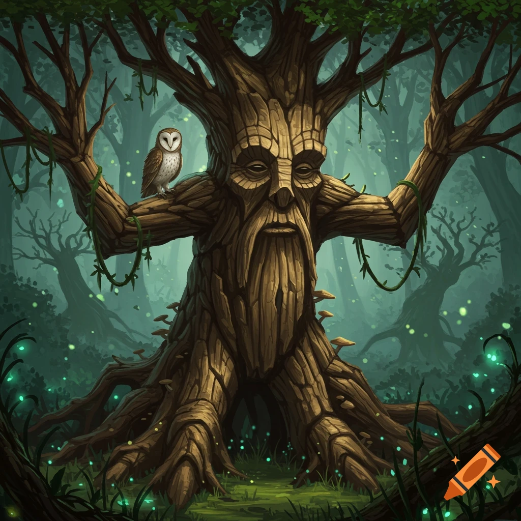 A majestic treant with a wise face carved into its trunk stands in a magical forest, an owl perched on its arm.