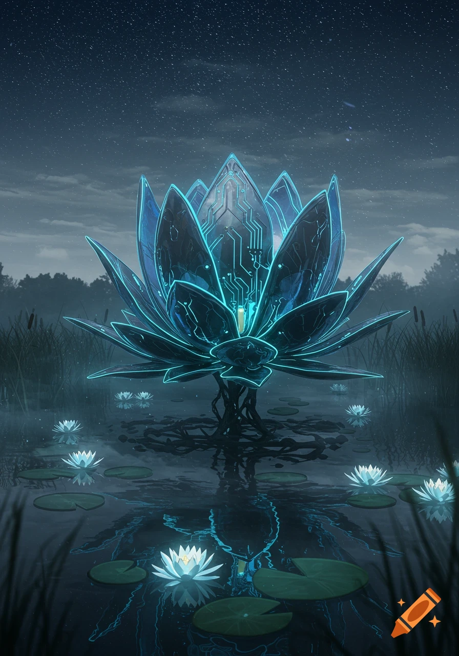 A glowing, futuristic blue-green lotus with circuitry in a pond with water lilies under a starry night sky, digital art.