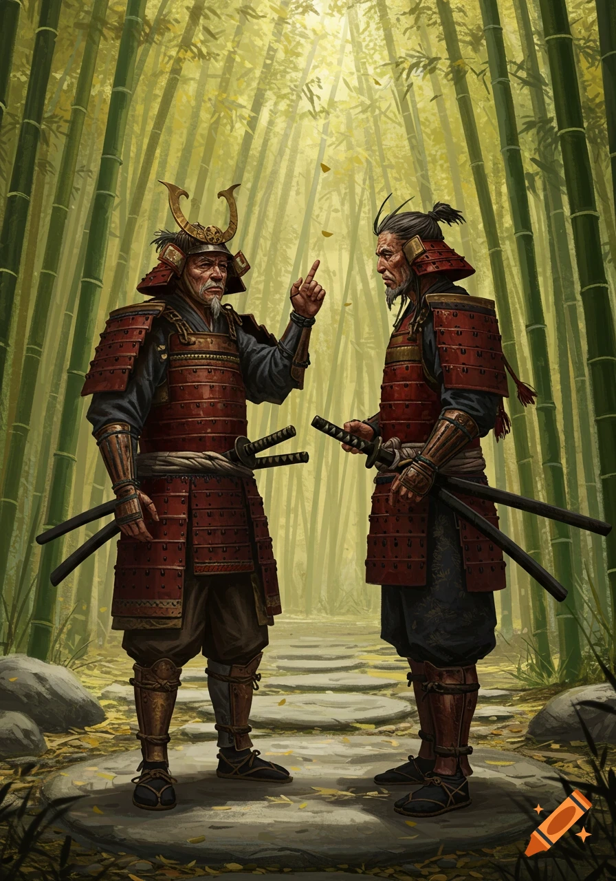 Two armored samurai, one pointing, stand talking in a vibrant bamboo forest with light filtering through the leaves.