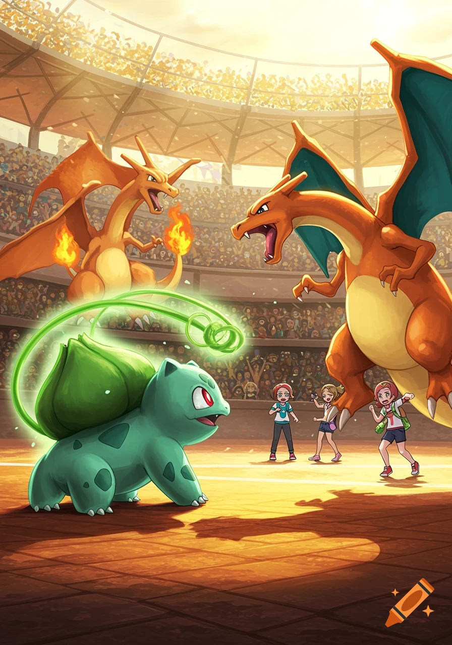 Bulbasaur emits a green glow while facing two Charizards in a vibrant stadium battle, with trainers rushing forward.