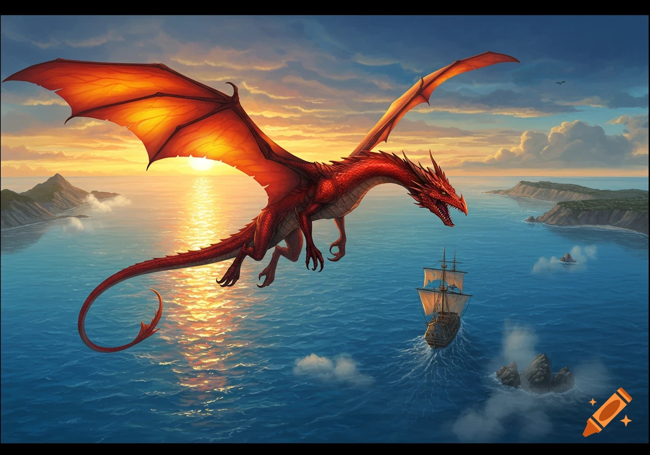 A detailed illustration of a large red dragon flying over a bright orange sunset over the ocean with a small sailing ship below.