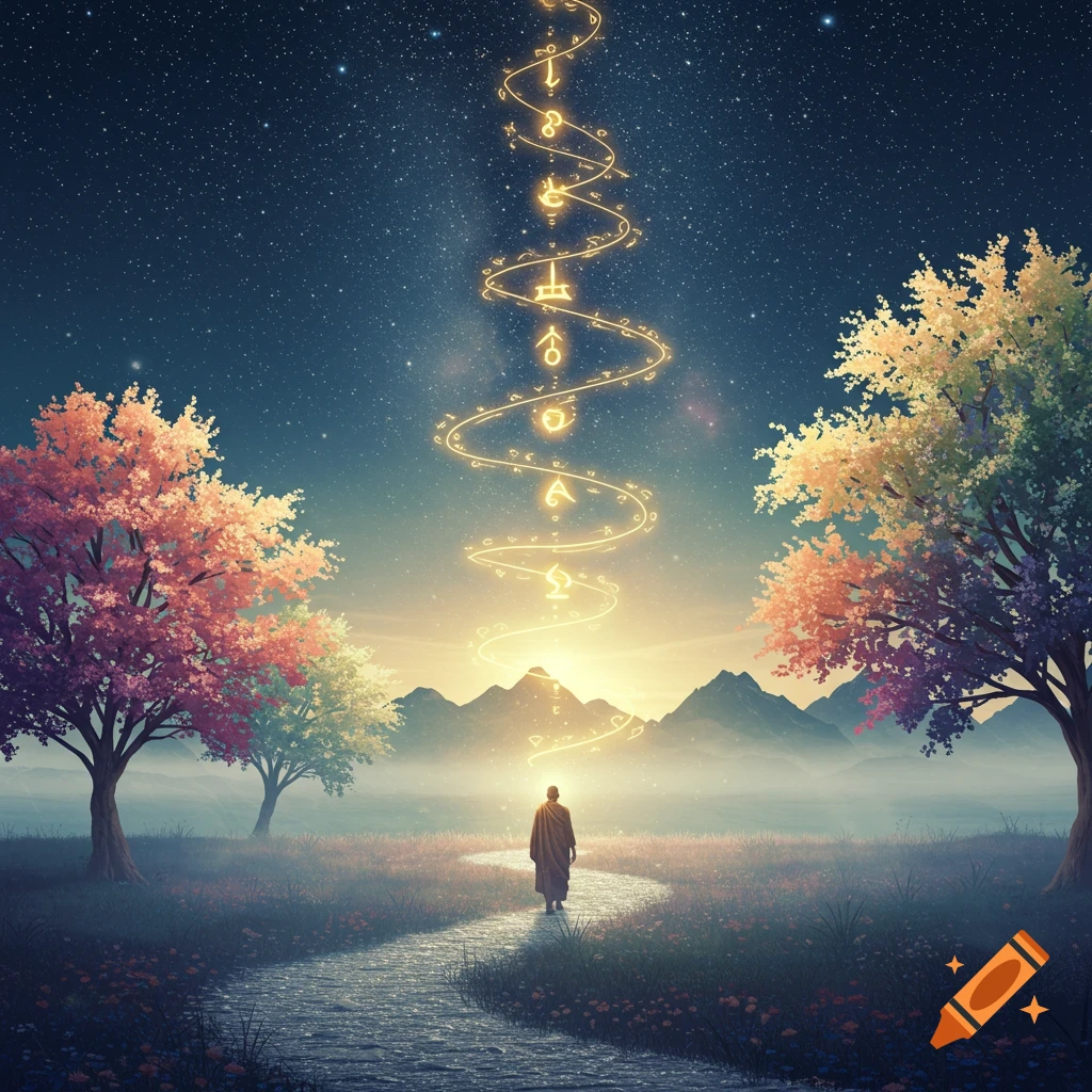 A robed person walks on a glowing path in a mystical landscape with colorful trees and spiraling glowing symbols under a starry sky.