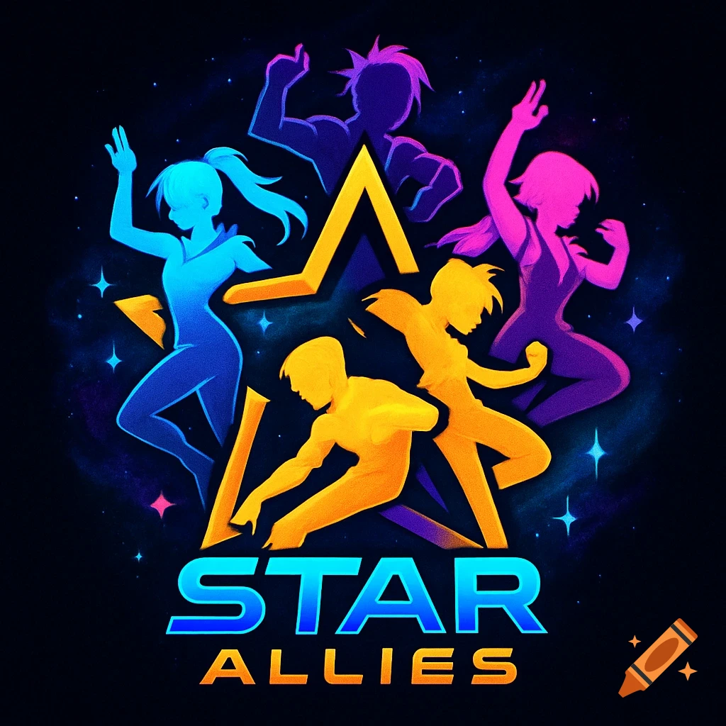 A vibrant logo with colorful silhouettes of five anime-style characters in dynamic poses, arranged around a yellow star, against a dark cosmic background, with the text 'STAR ALLIES' below.