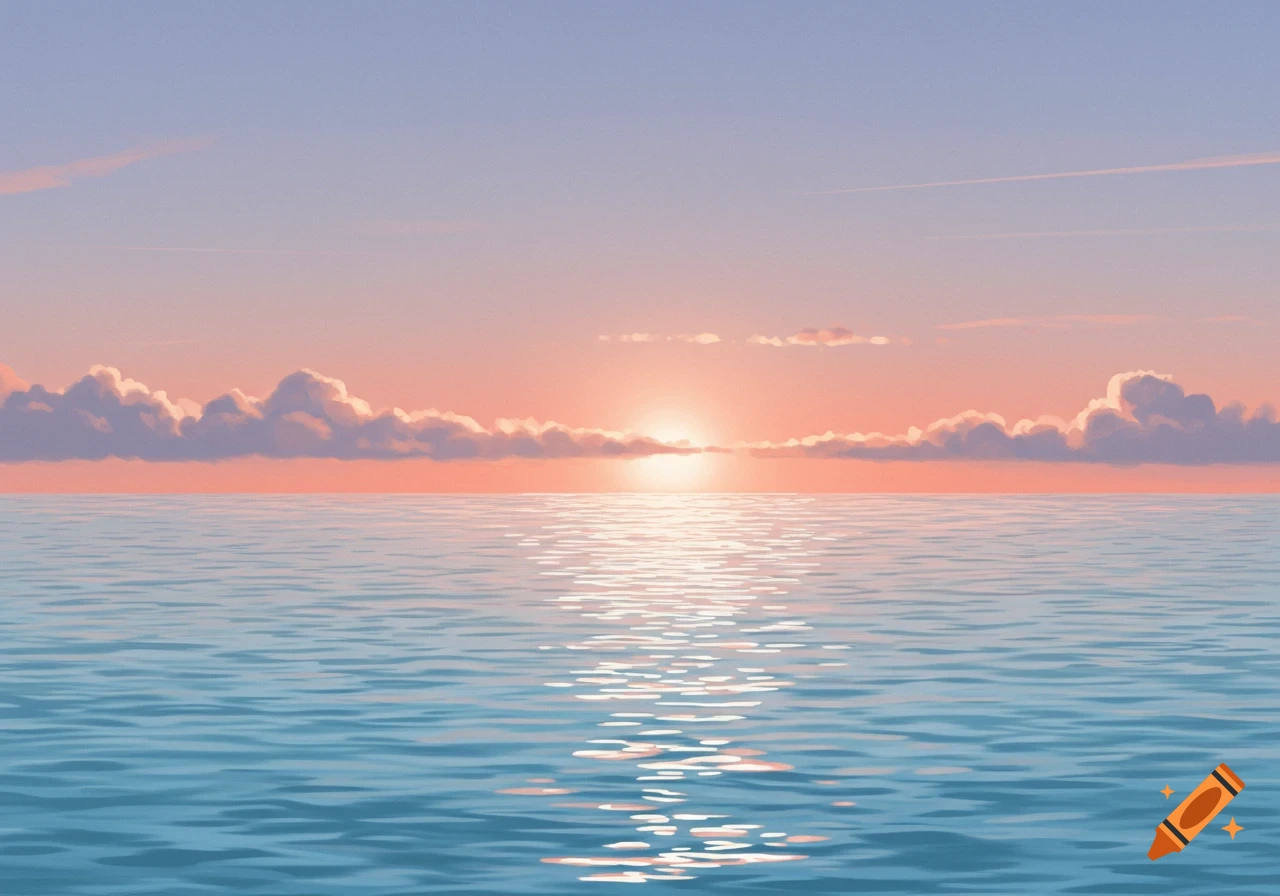 A serene seascape at sunset or sunrise, with a bright sun reflecting on calm blue water under a pastel sky with clouds.
