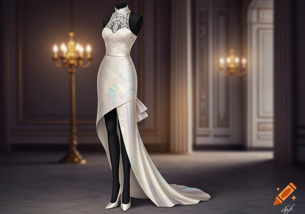 A white modern dress with a high collar, lace bodice, and iridescent flowing skirt with a high slit, displayed on a black mannequin in an elegant room.