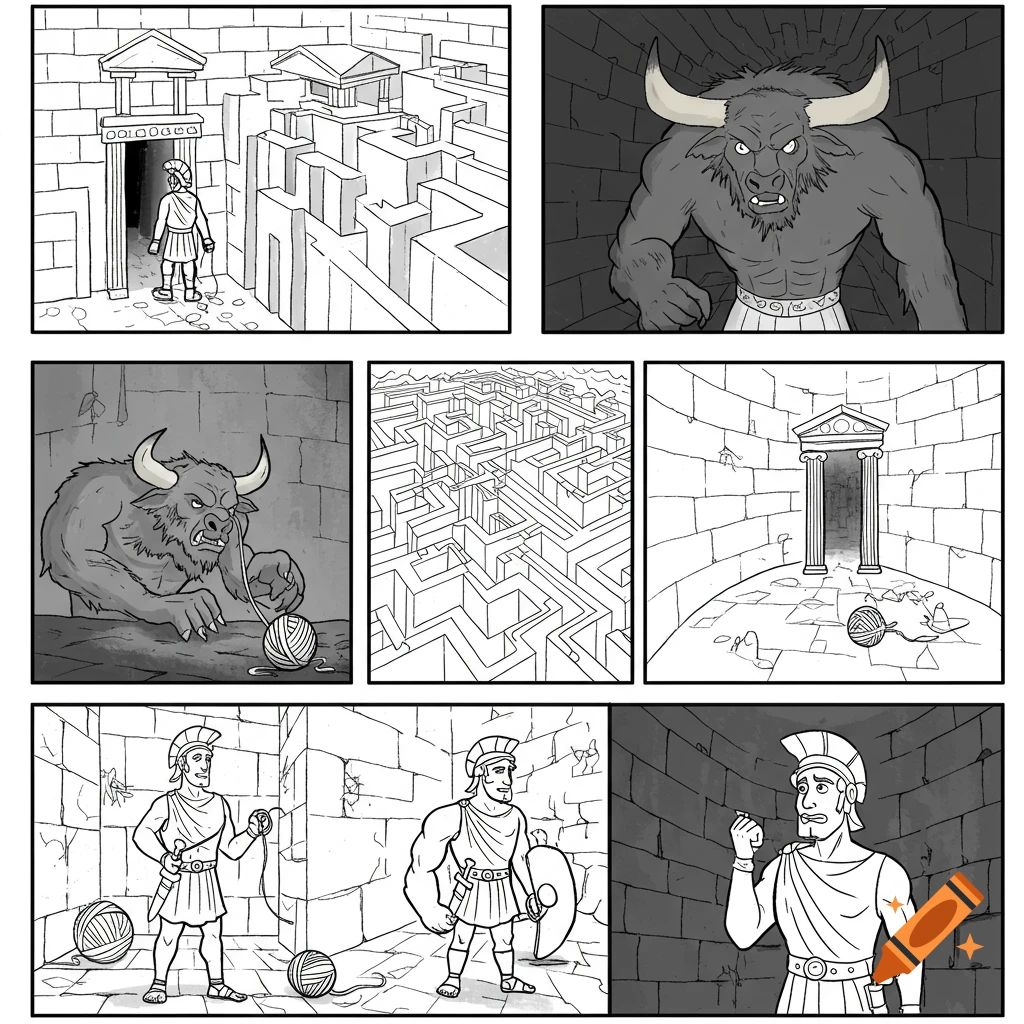 Black and white cartoon comic panels illustrating Theseus' journey through a labyrinth, facing the Minotaur with a ball of string.