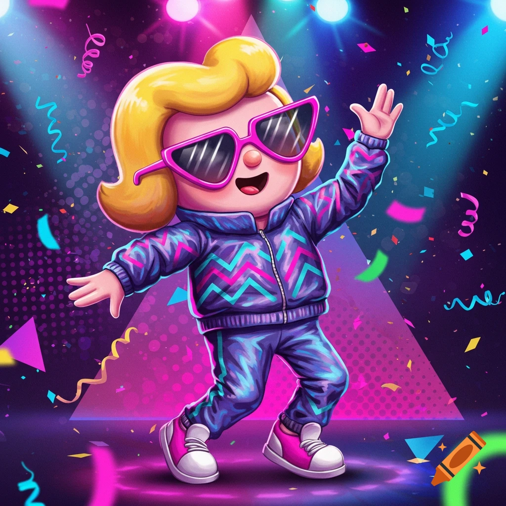 A whimsical cartoon mascot character wearing a neon 80s tracksuit and pink sunglasses dances under colorful disco lights and falling confetti.