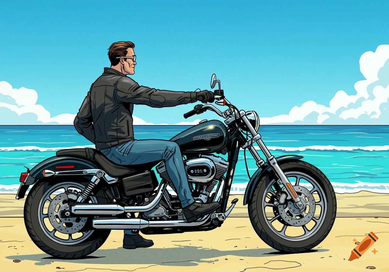 A confident man on a Harley-Davidson motorcycle at a vibrant seaside, rendered in a dynamic comic-book style.