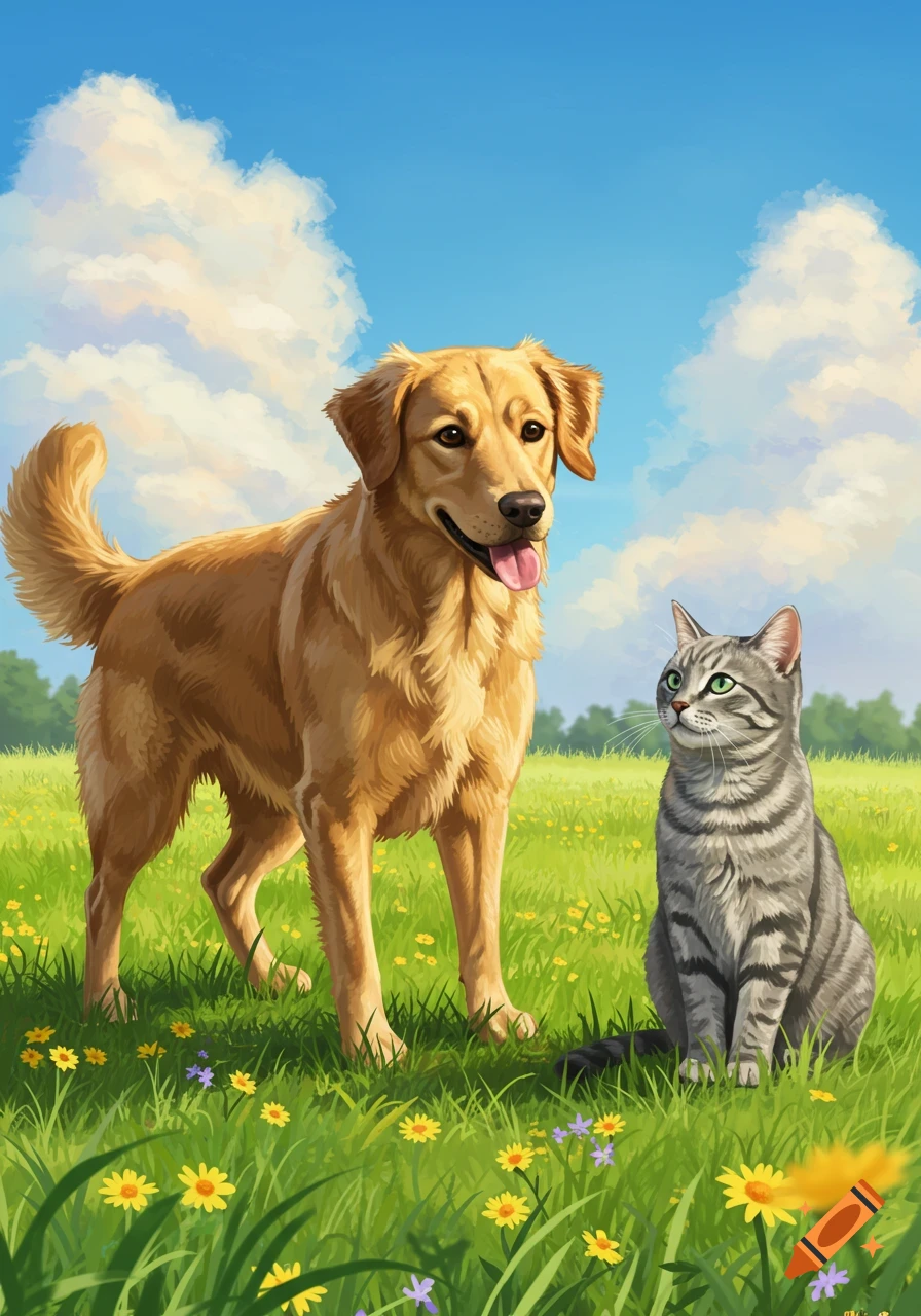 A golden retriever dog stands next to a tabby cat sitting in a sunny green field with wildflowers under a blue sky.