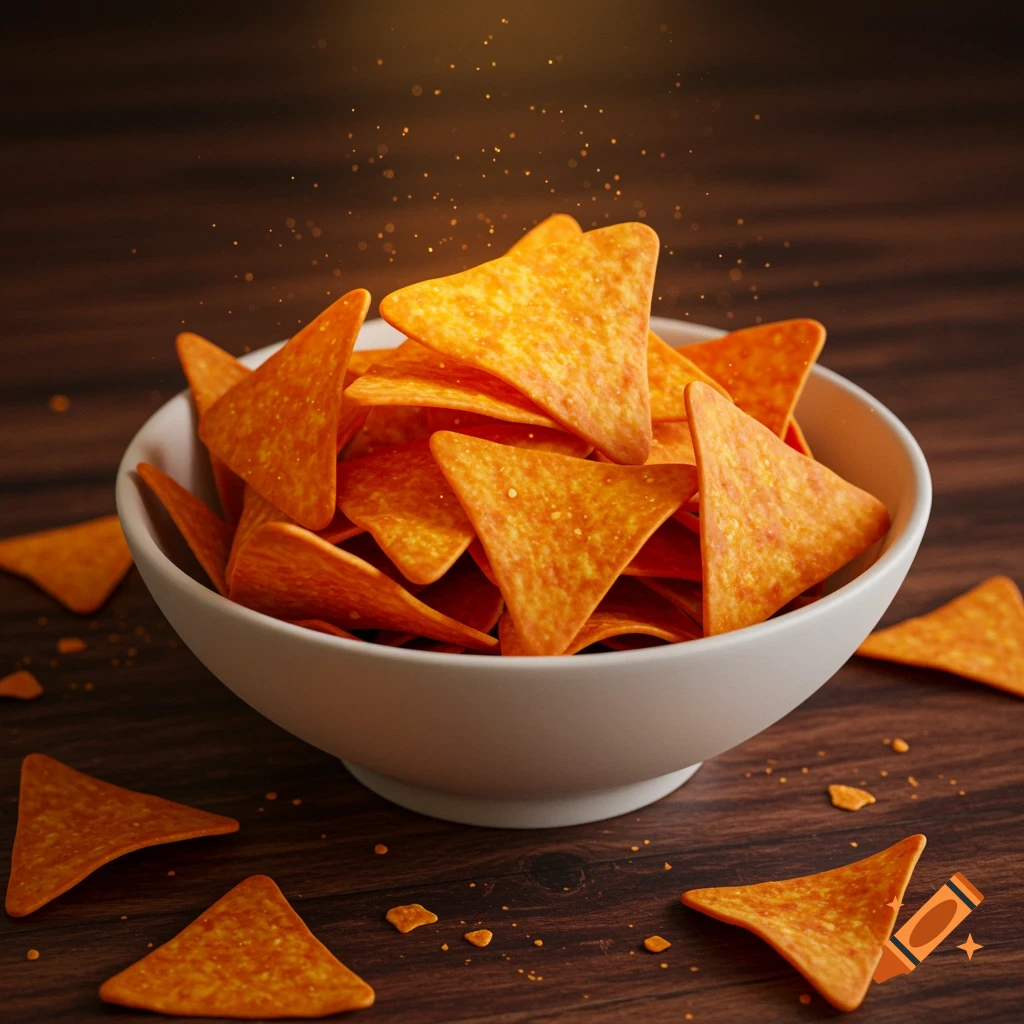 A white bowl overflowing with orange tortilla chips sits on a dark wooden table with scattered chips and crumbs. Photorealistic.