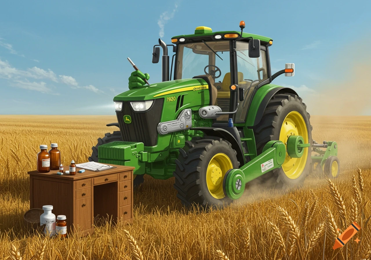 A green John Deere 7820 tractor with a green gloved hand writing on a prescription pad at a wooden desk in a golden wheat field.