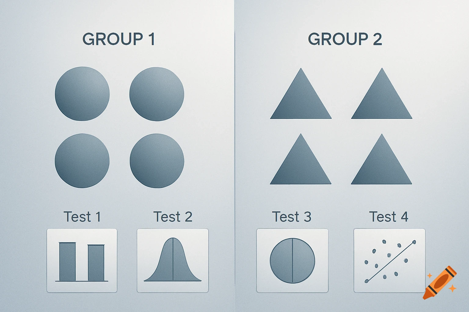 Graphical abstract comparing two groups with four data test representations.