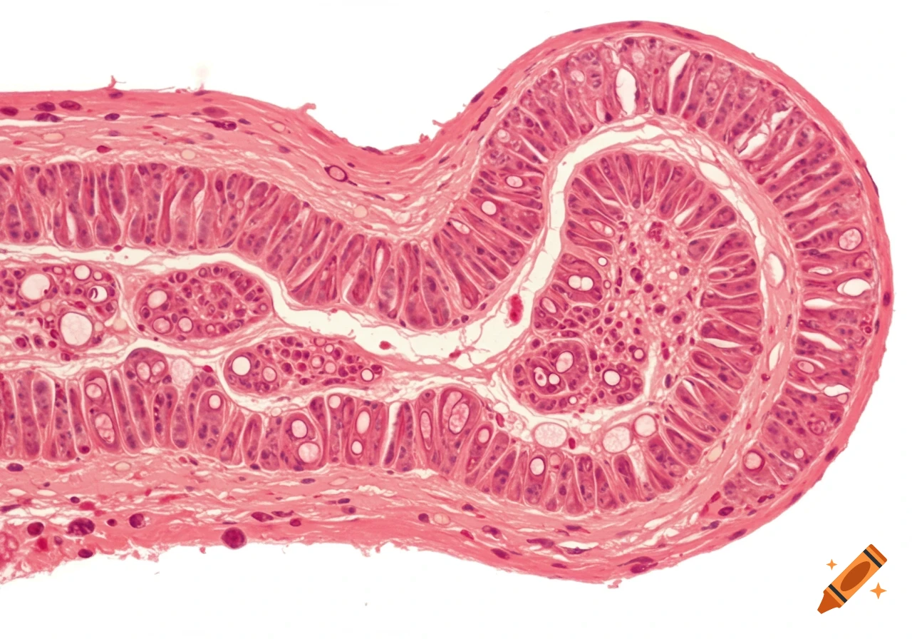 A detailed microscopic image of pink-stained ileum tissue, showing villi, mucosa, and other cellular layers.